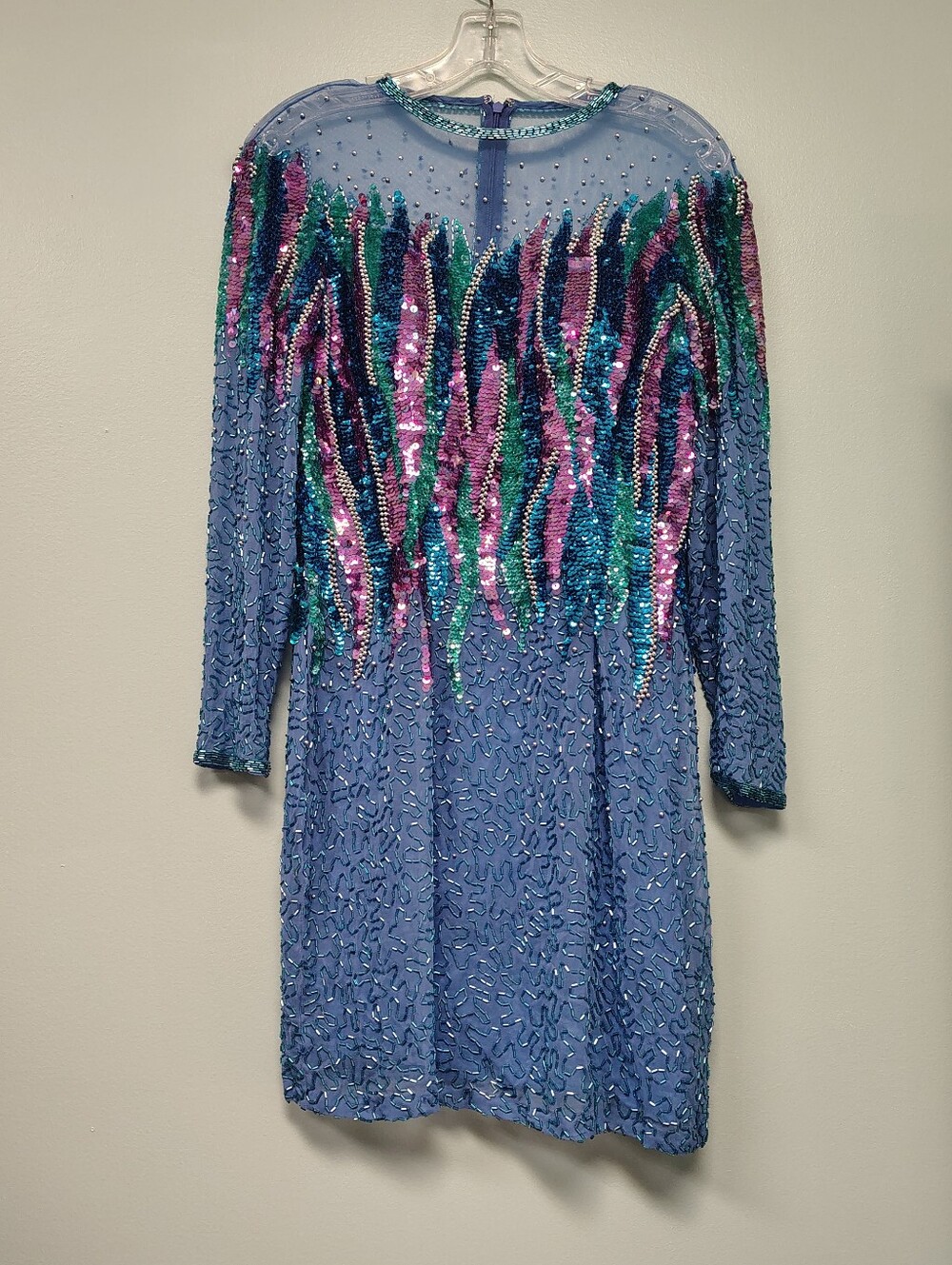 Niteline Blue Long Sleeve Sequin Cocktail Dress with Teal and Purple Accents